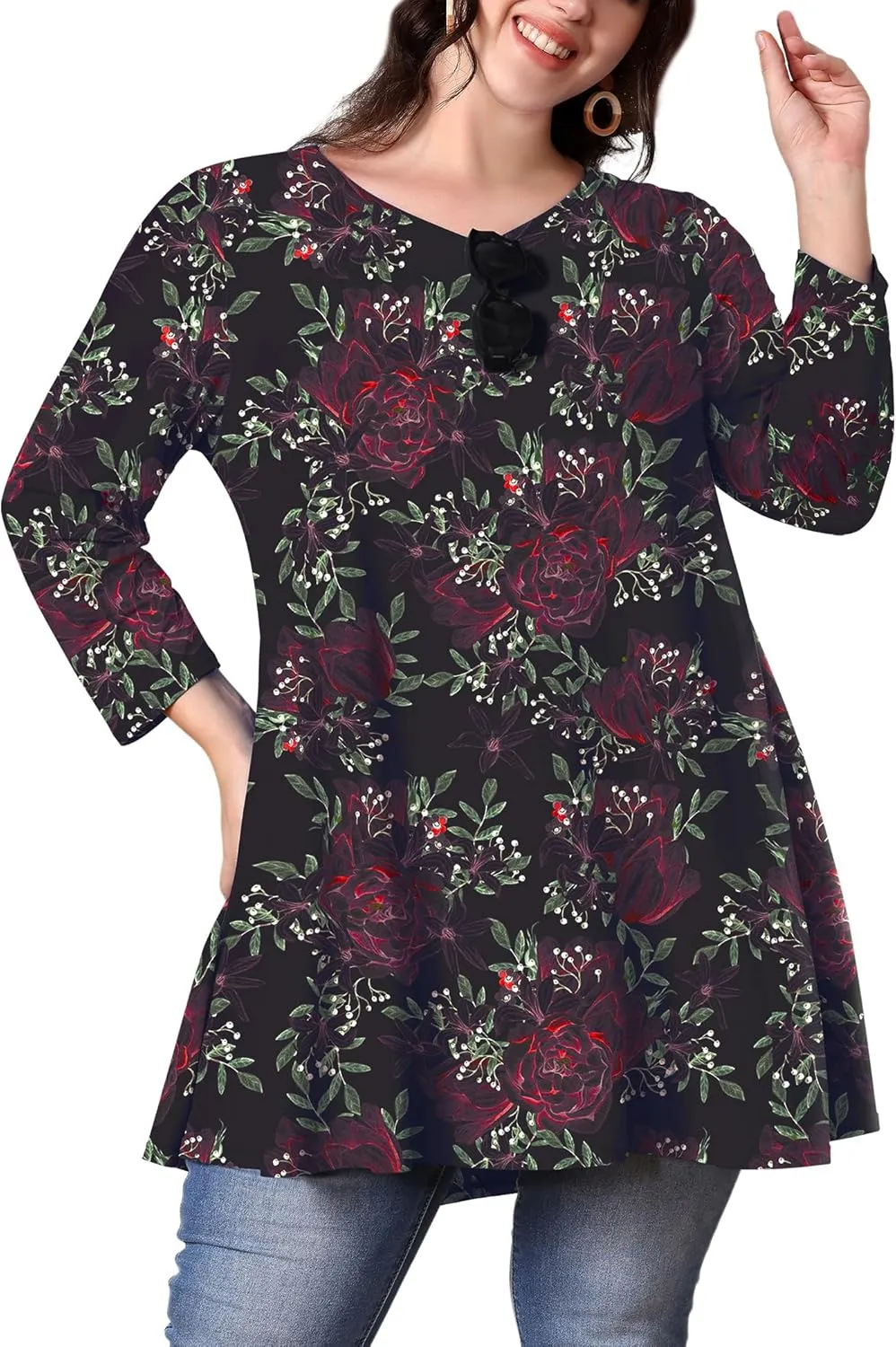 Womens Plus Size Tunic Tops 3/4 Sleeve Loose Fit Dressy Top Blouses Casual Floral Swing Fall Tunics for Leggings 1X-6X