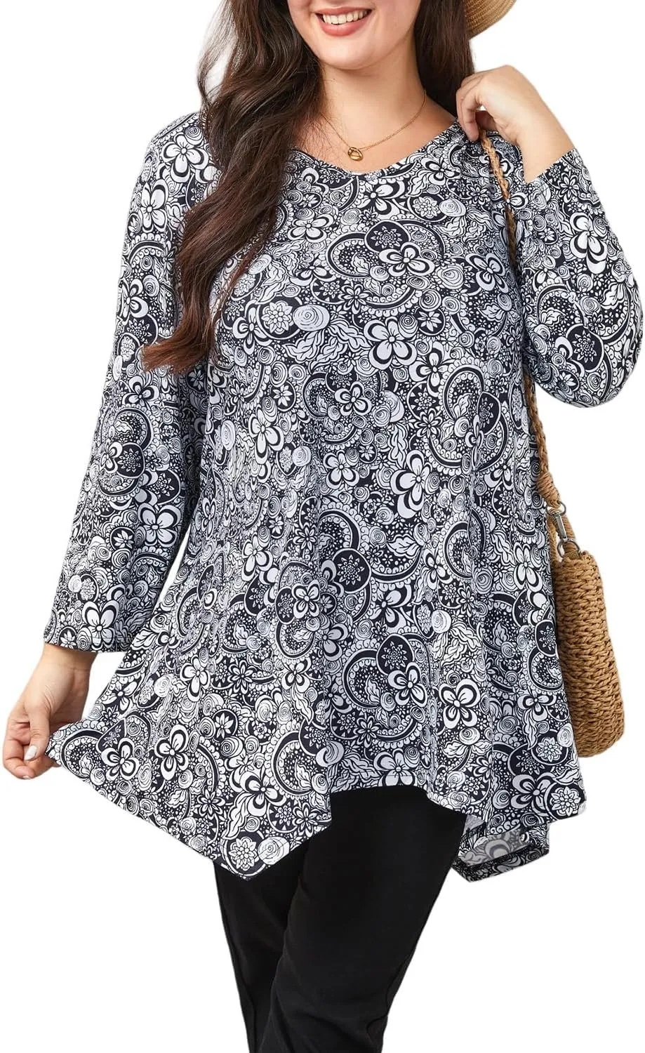 Womens Plus Size Tunic Tops 3/4 Sleeve Loose Fit Dressy Top Blouses Casual Floral Swing Fall Tunics for Leggings 1X-6X