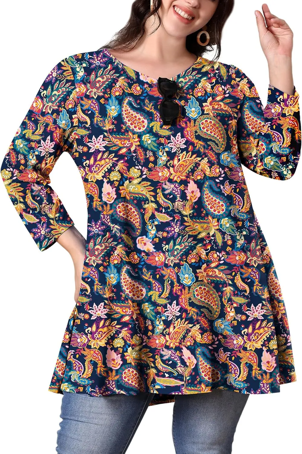 Womens Plus Size Tunic Tops 3/4 Sleeve Loose Fit Dressy Top Blouses Casual Floral Swing Fall Tunics for Leggings 1X-6X