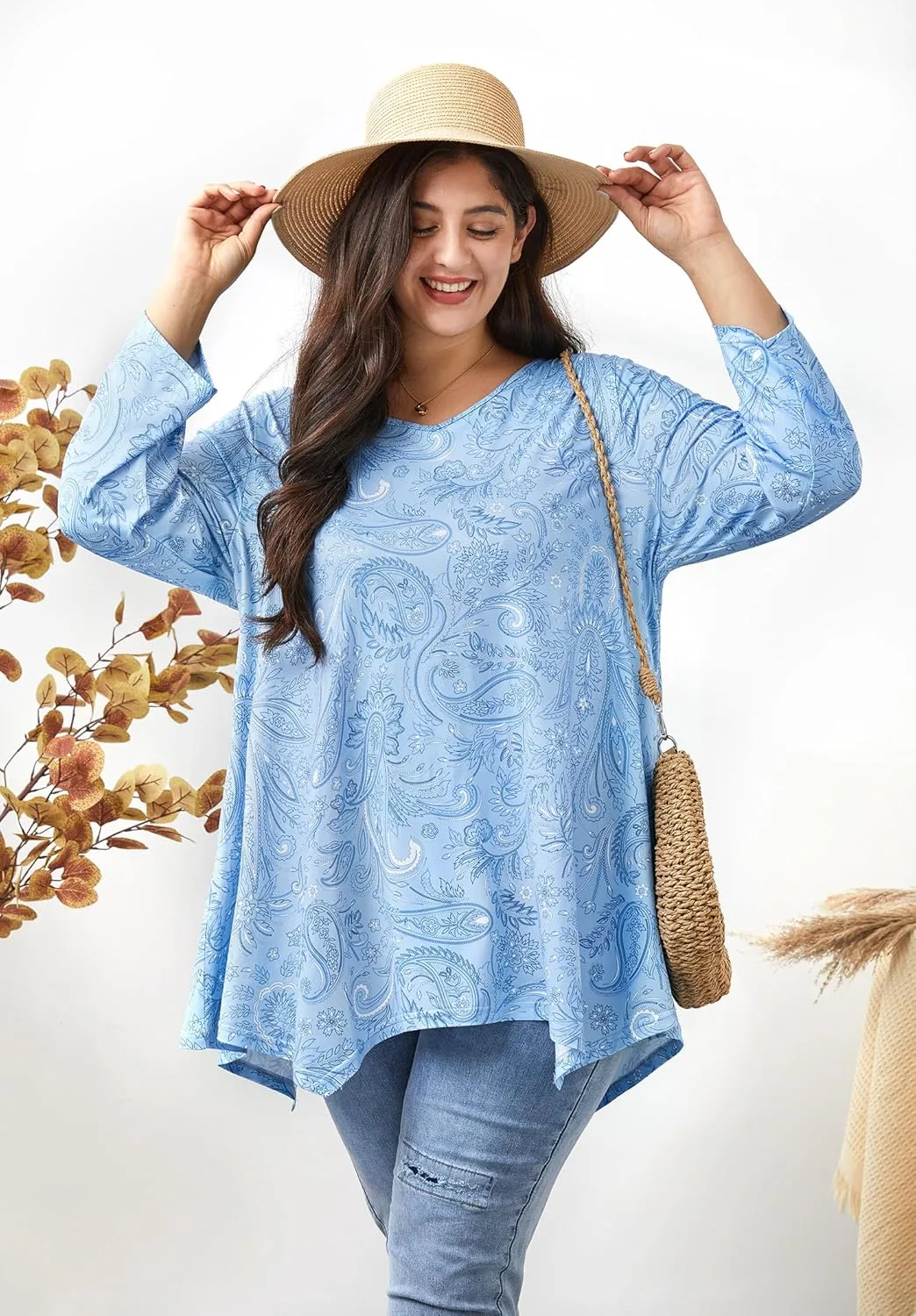Womens Plus Size Tunic Tops 3/4 Sleeve Loose Fit Dressy Top Blouses Casual Floral Swing Fall Tunics for Leggings 1X-6X