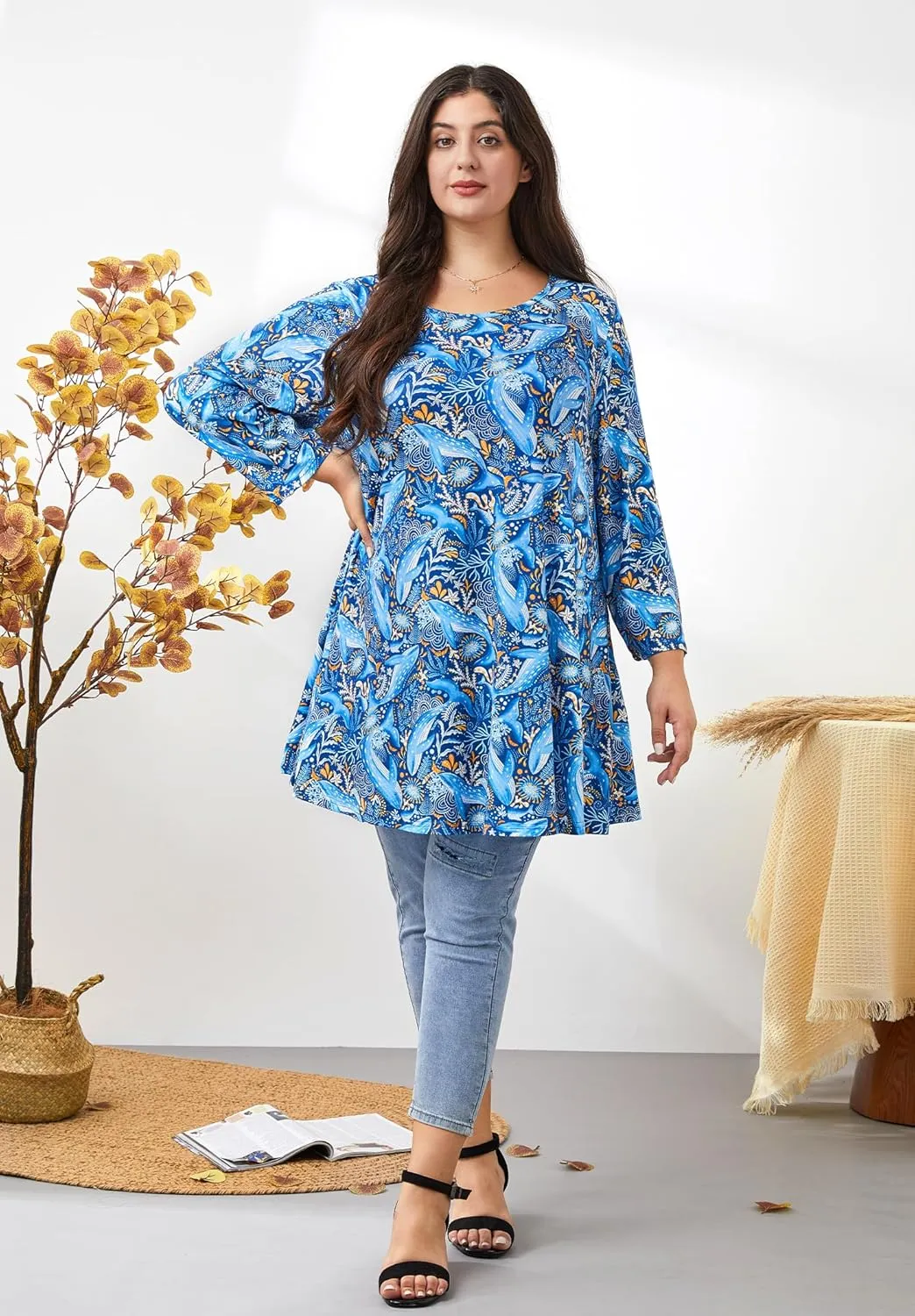 Womens Plus Size Tunic Tops 3/4 Sleeve Loose Fit Dressy Top Blouses Casual Floral Swing Fall Tunics for Leggings 1X-6X