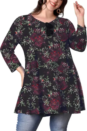 Womens Plus Size Tunic Tops 3/4 Sleeve Loose Fit Dressy Top Blouses Casual Floral Swing Fall Tunics for Leggings 1X-6X