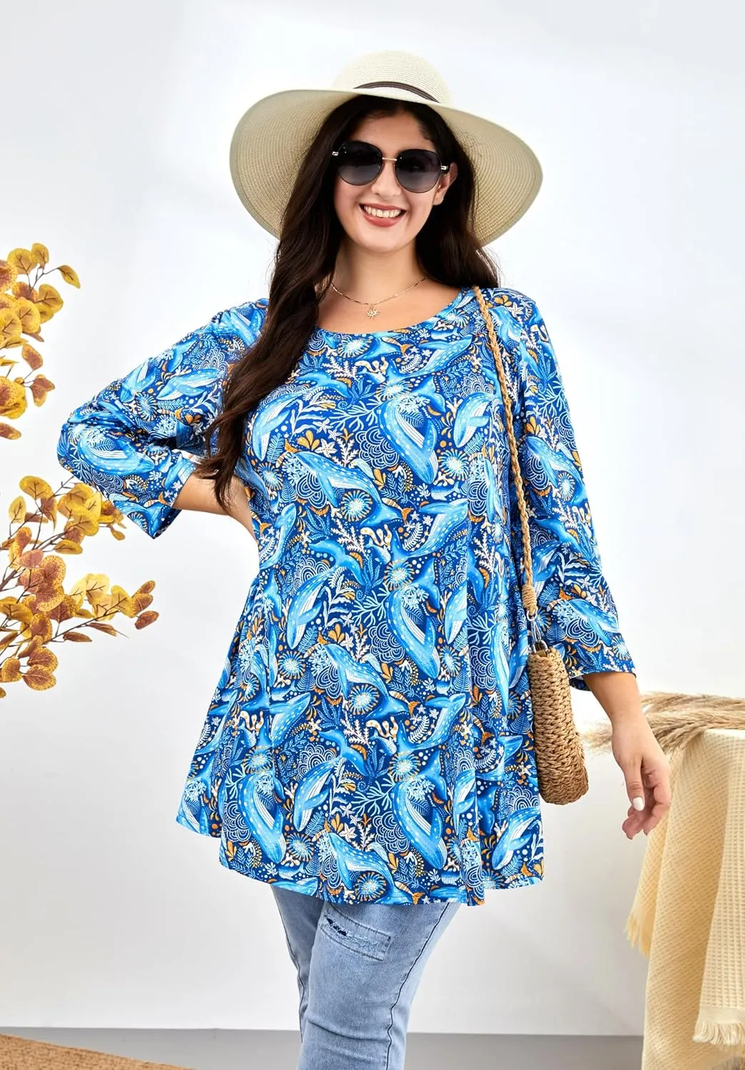 Womens Plus Size Tunic Tops 3/4 Sleeve Loose Fit Dressy Top Blouses Casual Floral Swing Fall Tunics for Leggings 1X-6X