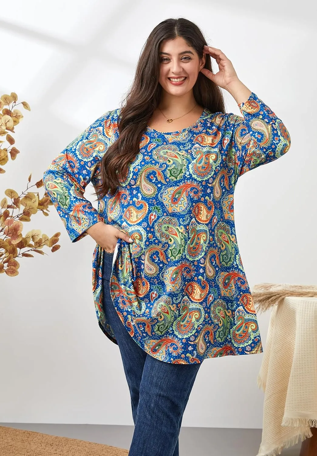 Womens Plus Size Tunic Tops 3/4 Sleeve Loose Fit Dressy Top Blouses Casual Floral Swing Fall Tunics for Leggings 1X-6X