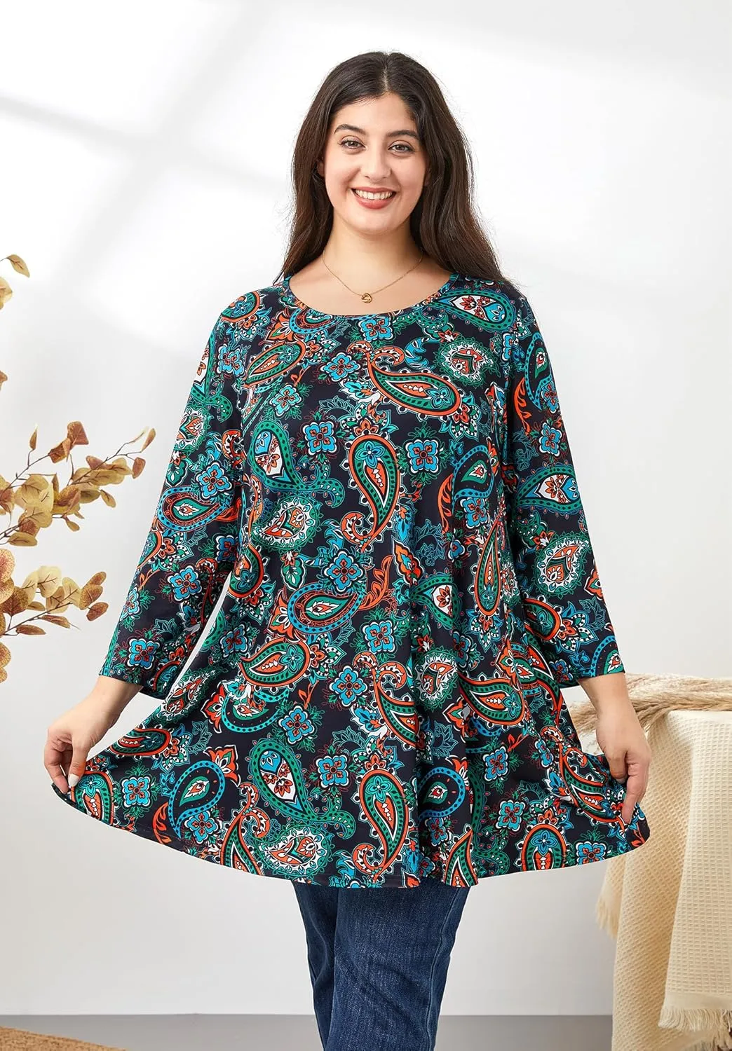 Womens Plus Size Tunic Tops 3/4 Sleeve Loose Fit Dressy Top Blouses Casual Floral Swing Fall Tunics for Leggings 1X-6X
