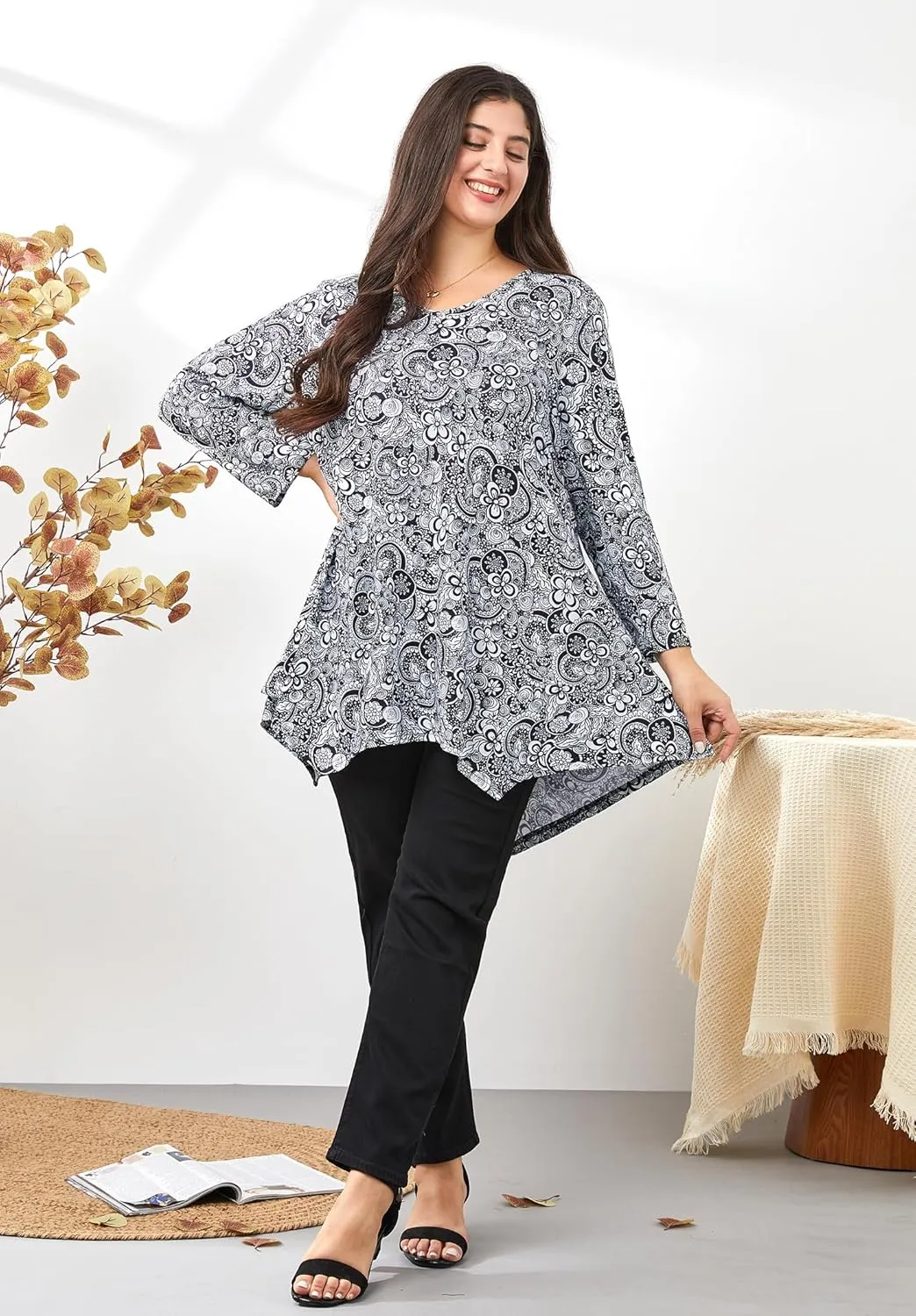 Womens Plus Size Tunic Tops 3/4 Sleeve Loose Fit Dressy Top Blouses Casual Floral Swing Fall Tunics for Leggings 1X-6X