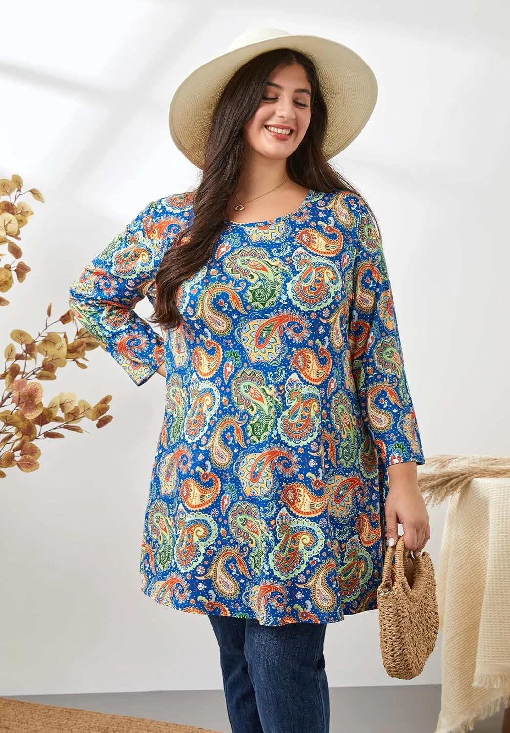 Womens Plus Size Tunic Tops 3/4 Sleeve Loose Fit Dressy Top Blouses Casual Floral Swing Fall Tunics for Leggings 1X-6X