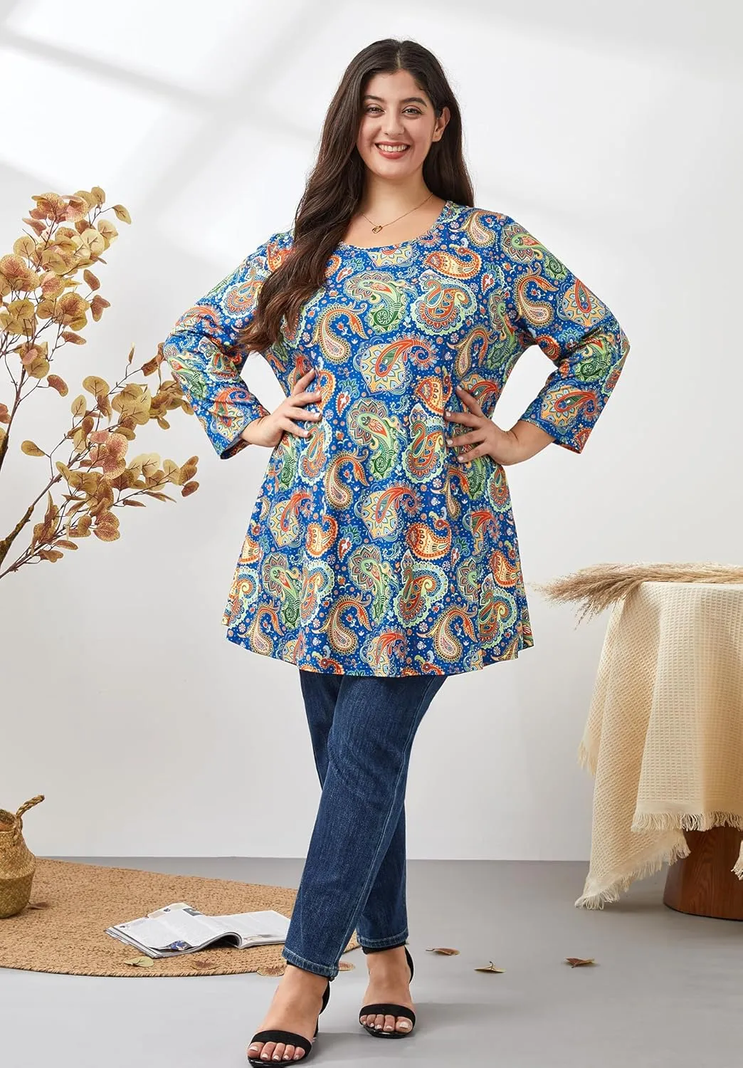 Womens Plus Size Tunic Tops 3/4 Sleeve Loose Fit Dressy Top Blouses Casual Floral Swing Fall Tunics for Leggings 1X-6X
