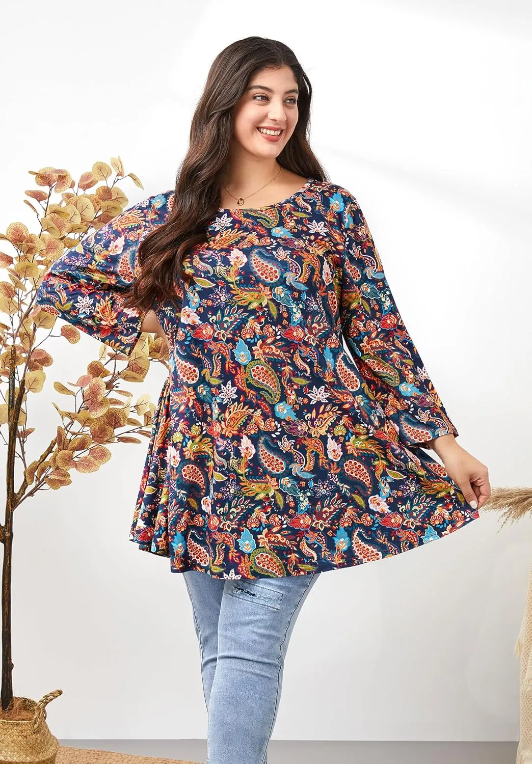Womens Plus Size Tunic Tops 3/4 Sleeve Loose Fit Dressy Top Blouses Casual Floral Swing Fall Tunics for Leggings 1X-6X