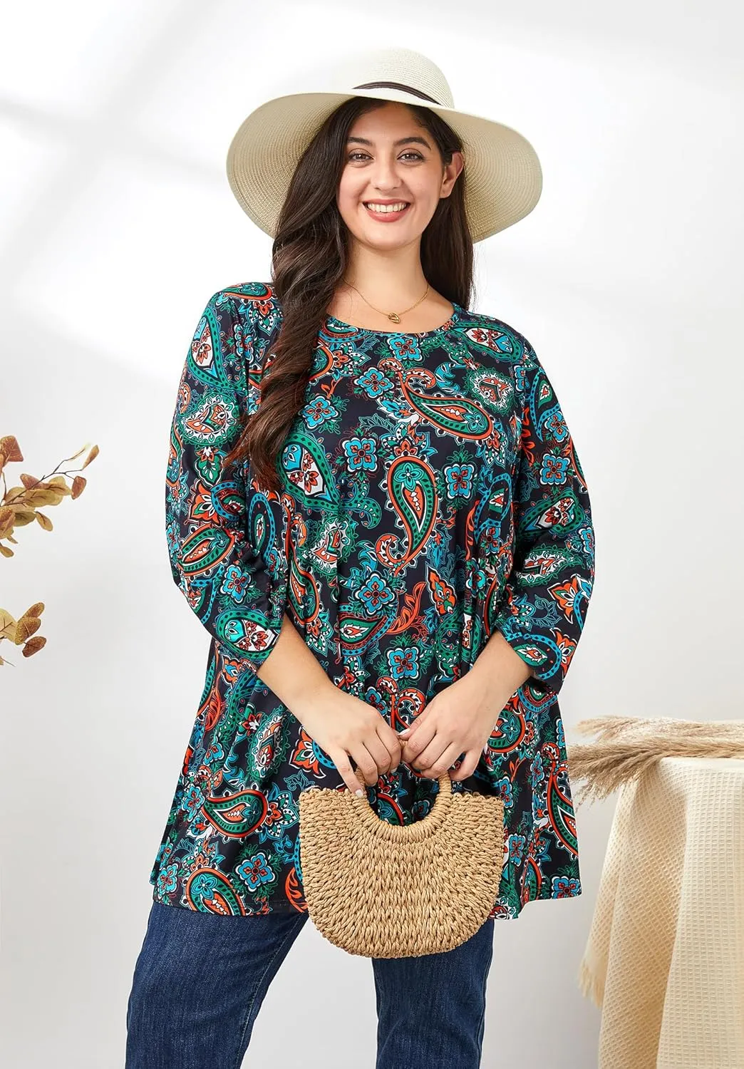 Womens Plus Size Tunic Tops 3/4 Sleeve Loose Fit Dressy Top Blouses Casual Floral Swing Fall Tunics for Leggings 1X-6X