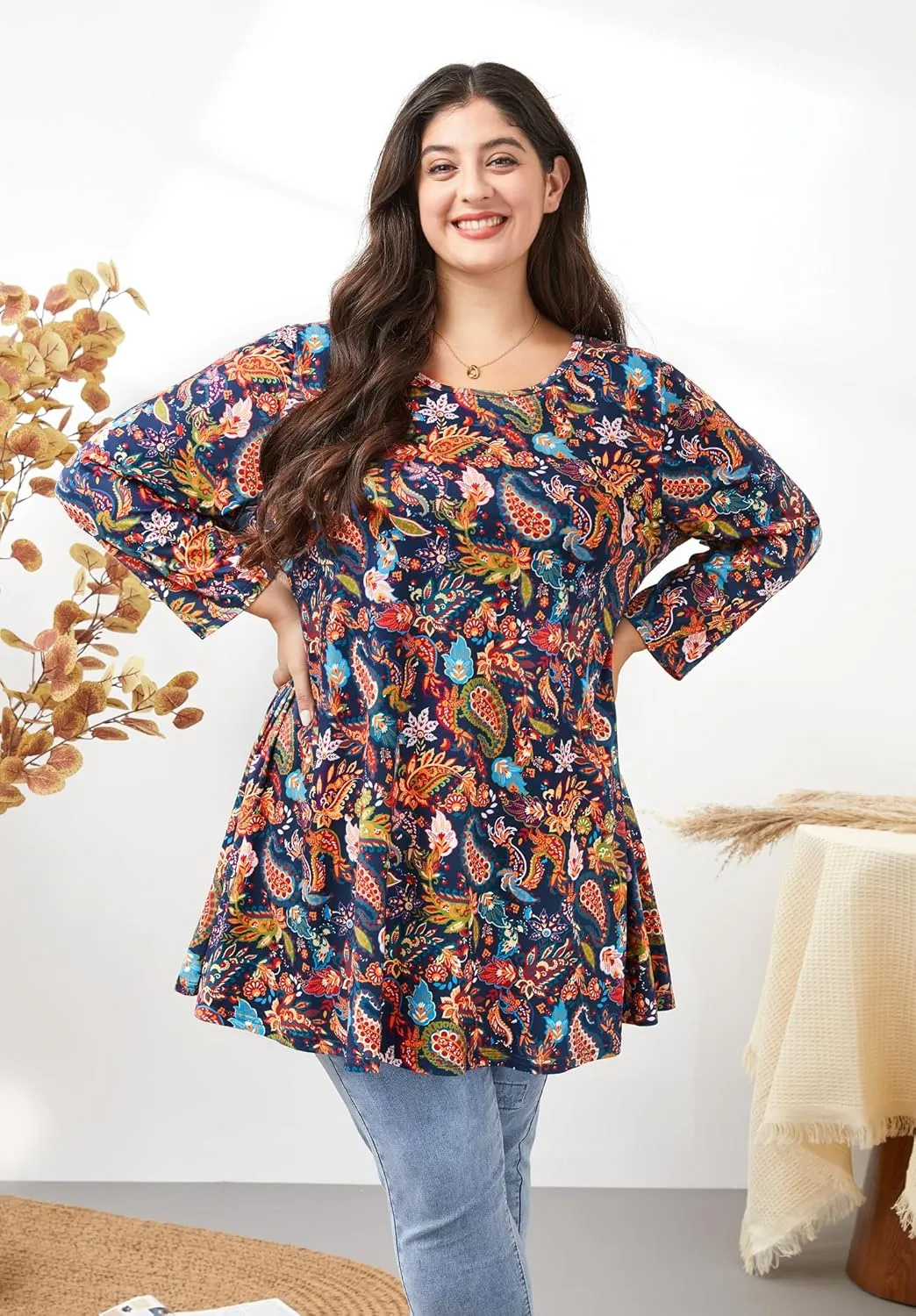 Womens Plus Size Tunic Tops 3/4 Sleeve Loose Fit Dressy Top Blouses Casual Floral Swing Fall Tunics for Leggings 1X-6X