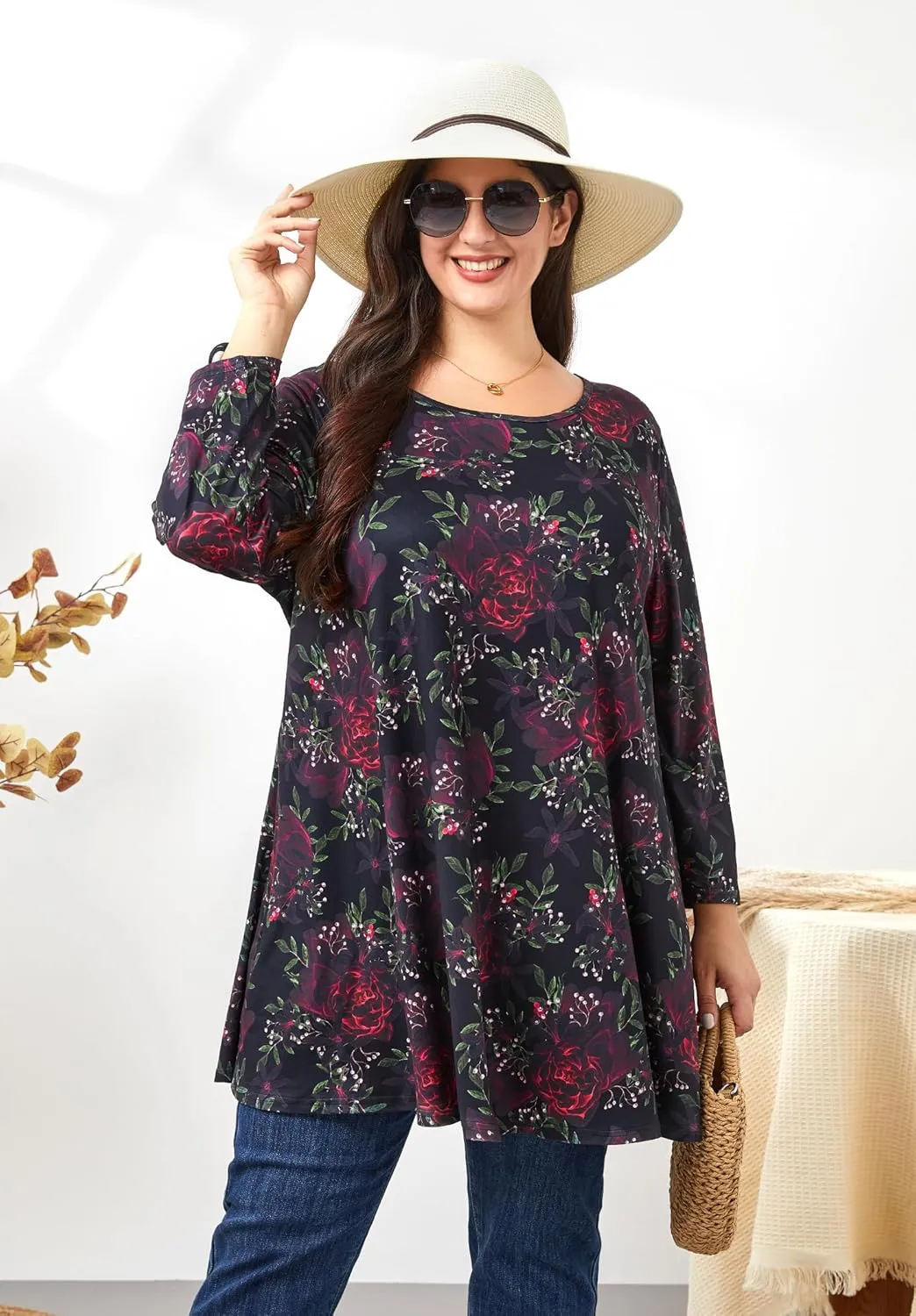 Womens Plus Size Tunic Tops 3/4 Sleeve Loose Fit Dressy Top Blouses Casual Floral Swing Fall Tunics for Leggings 1X-6X