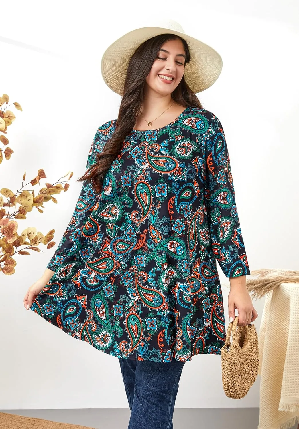 Womens Plus Size Tunic Tops 3/4 Sleeve Loose Fit Dressy Top Blouses Casual Floral Swing Fall Tunics for Leggings 1X-6X