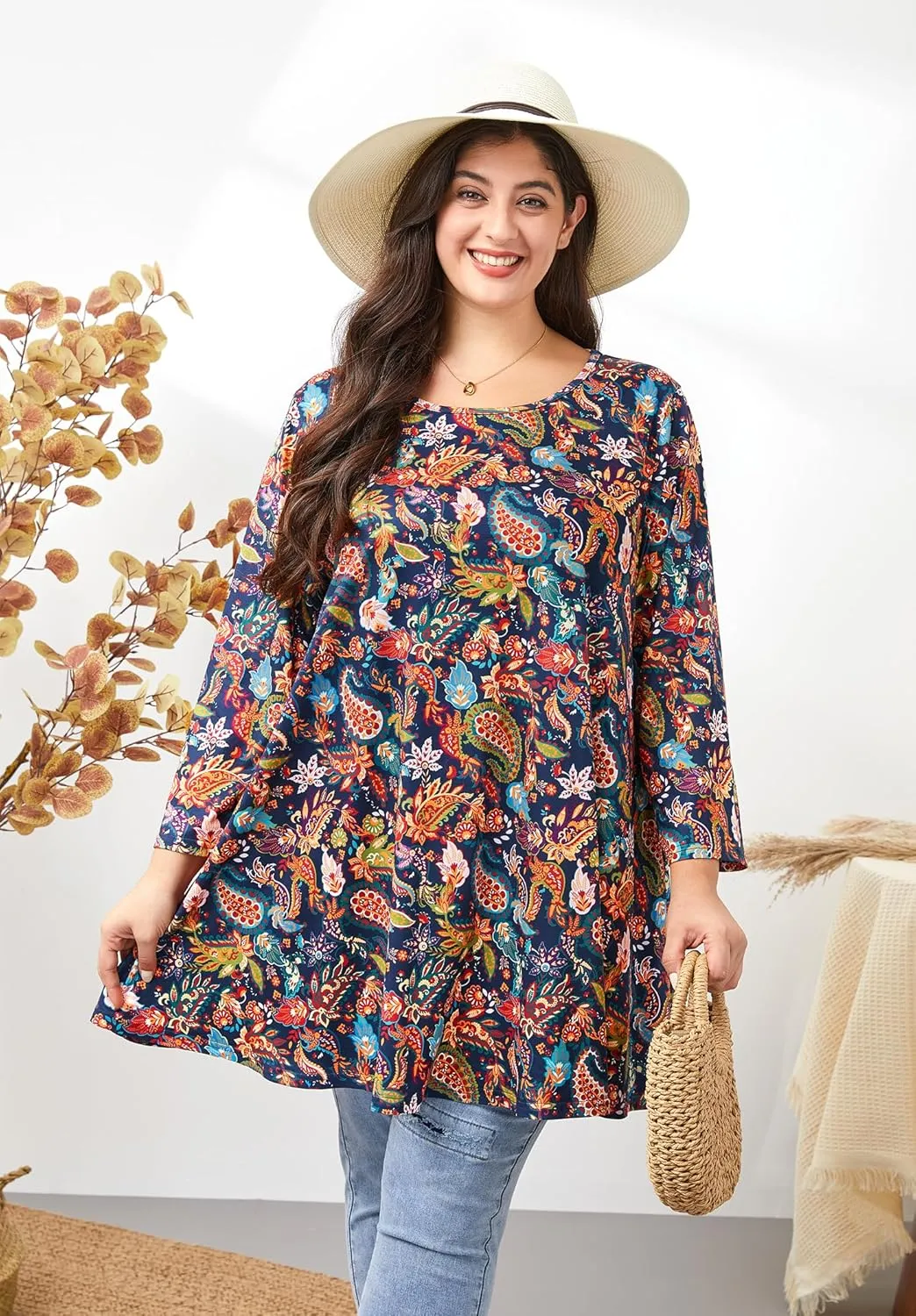 Womens Plus Size Tunic Tops 3/4 Sleeve Loose Fit Dressy Top Blouses Casual Floral Swing Fall Tunics for Leggings 1X-6X