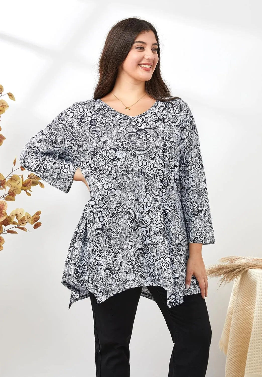 Womens Plus Size Tunic Tops 3/4 Sleeve Loose Fit Dressy Top Blouses Casual Floral Swing Fall Tunics for Leggings 1X-6X