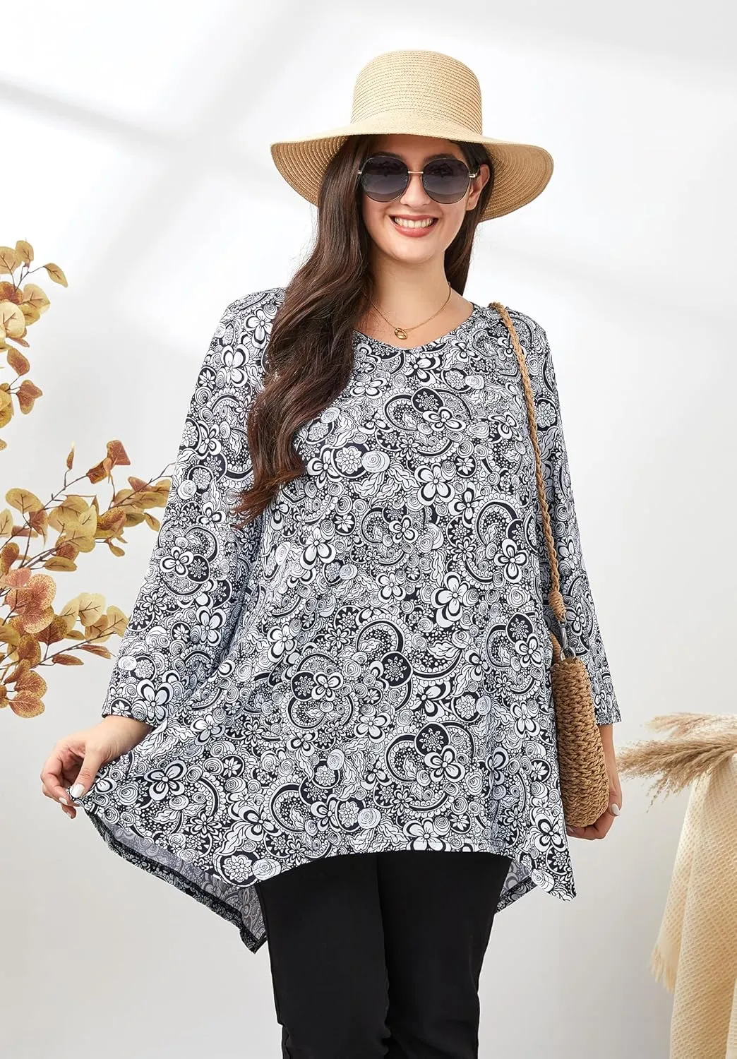Womens Plus Size Tunic Tops 3/4 Sleeve Loose Fit Dressy Top Blouses Casual Floral Swing Fall Tunics for Leggings 1X-6X
