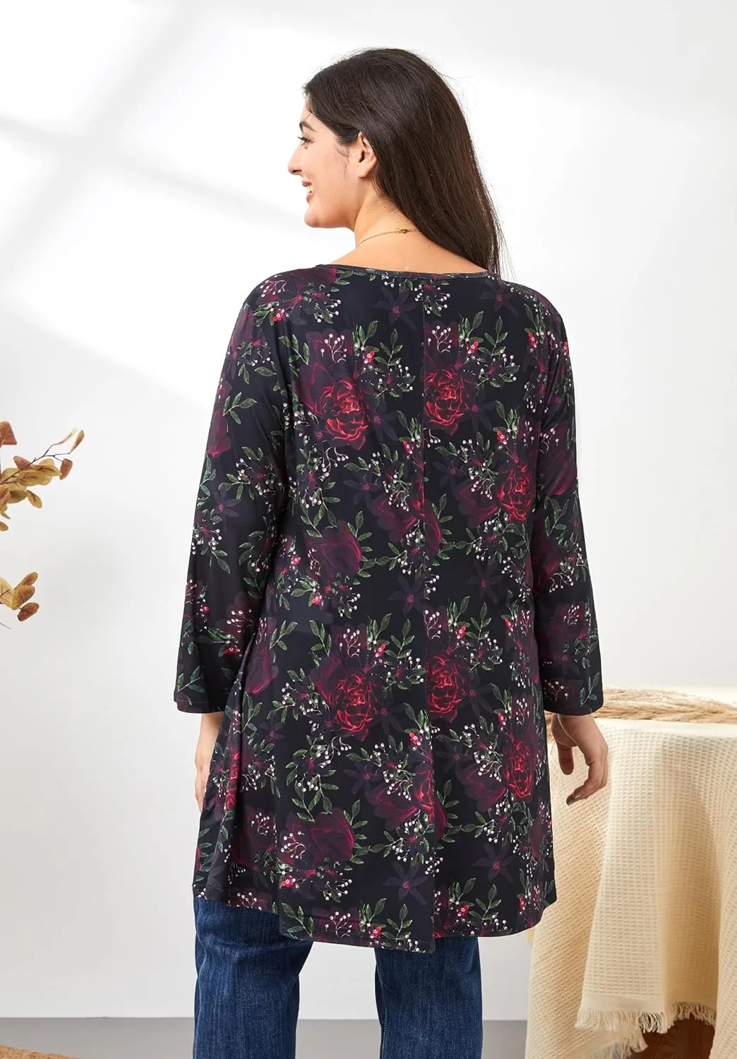 Womens Plus Size Tunic Tops 3/4 Sleeve Loose Fit Dressy Top Blouses Casual Floral Swing Fall Tunics for Leggings 1X-6X