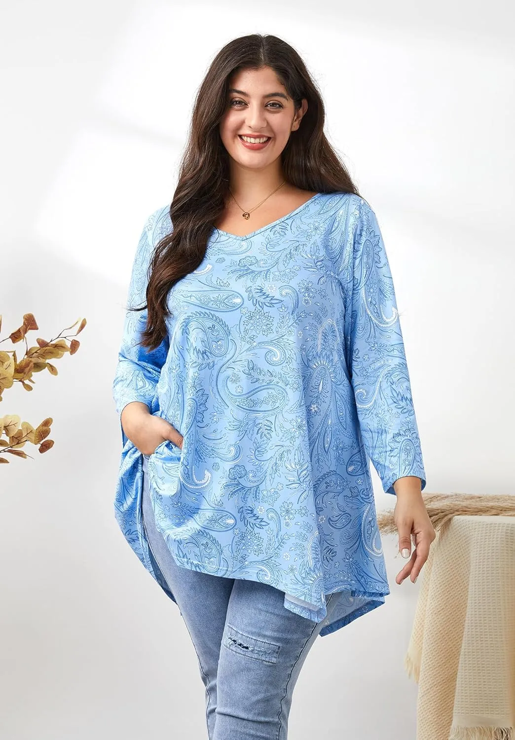 Womens Plus Size Tunic Tops 3/4 Sleeve Loose Fit Dressy Top Blouses Casual Floral Swing Fall Tunics for Leggings 1X-6X