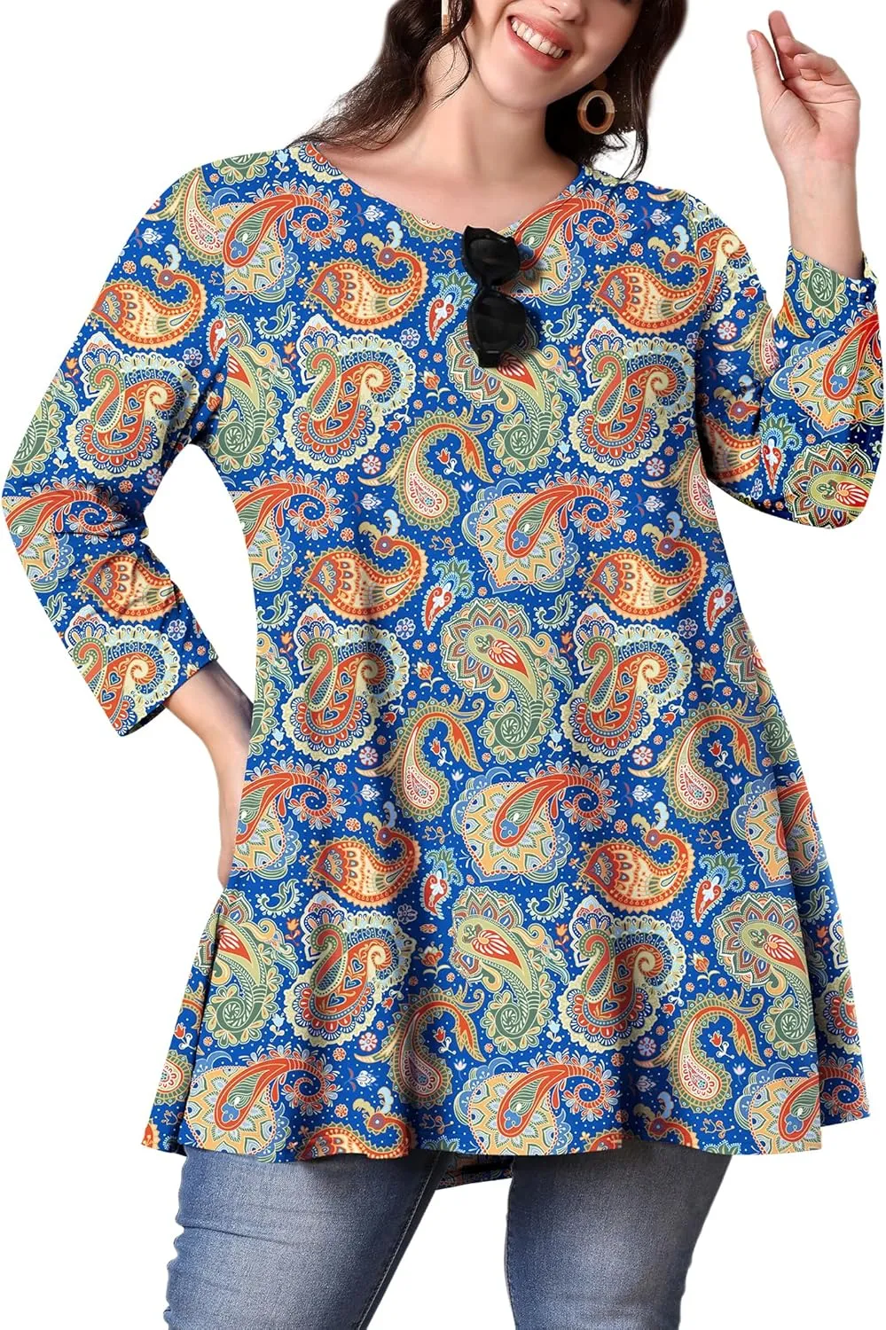 Womens Plus Size Tunic Tops 3/4 Sleeve Loose Fit Dressy Top Blouses Casual Floral Swing Fall Tunics for Leggings 1X-6X