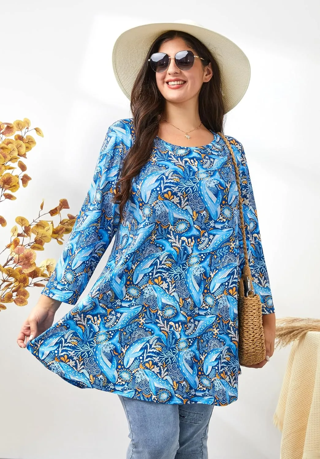 Womens Plus Size Tunic Tops 3/4 Sleeve Loose Fit Dressy Top Blouses Casual Floral Swing Fall Tunics for Leggings 1X-6X