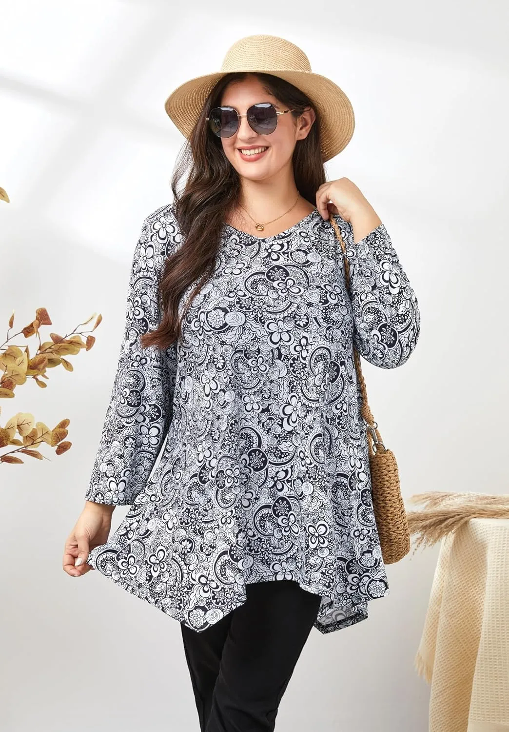 Womens Plus Size Tunic Tops 3/4 Sleeve Loose Fit Dressy Top Blouses Casual Floral Swing Fall Tunics for Leggings 1X-6X
