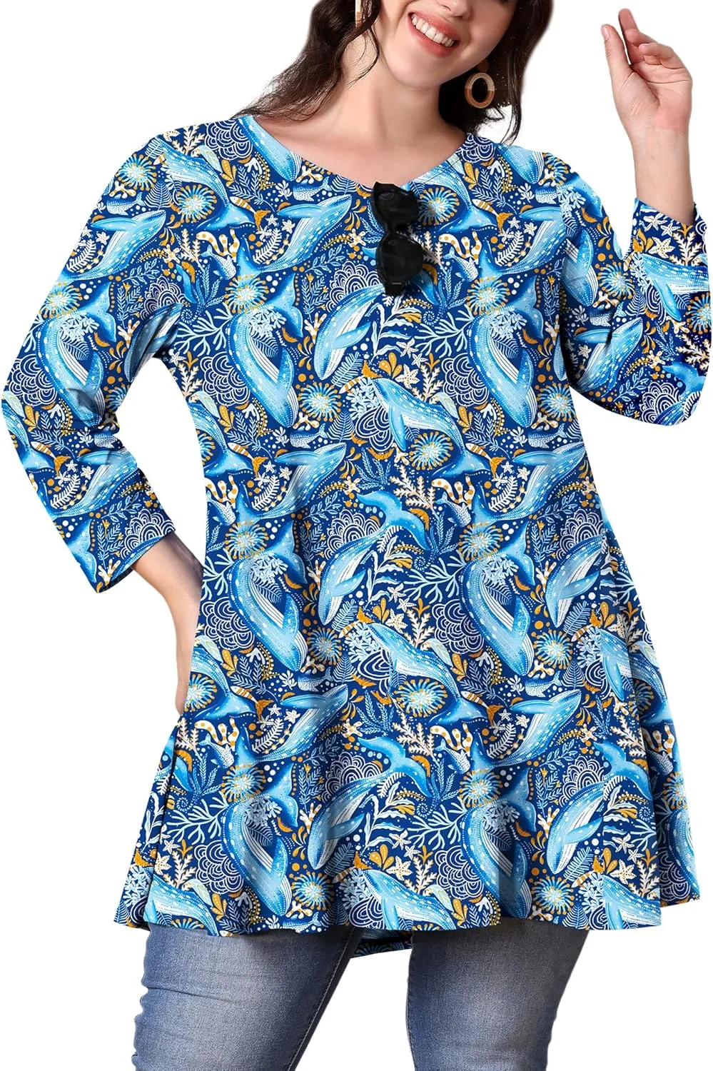 Womens Plus Size Tunic Tops 3/4 Sleeve Loose Fit Dressy Top Blouses Casual Floral Swing Fall Tunics for Leggings 1X-6X