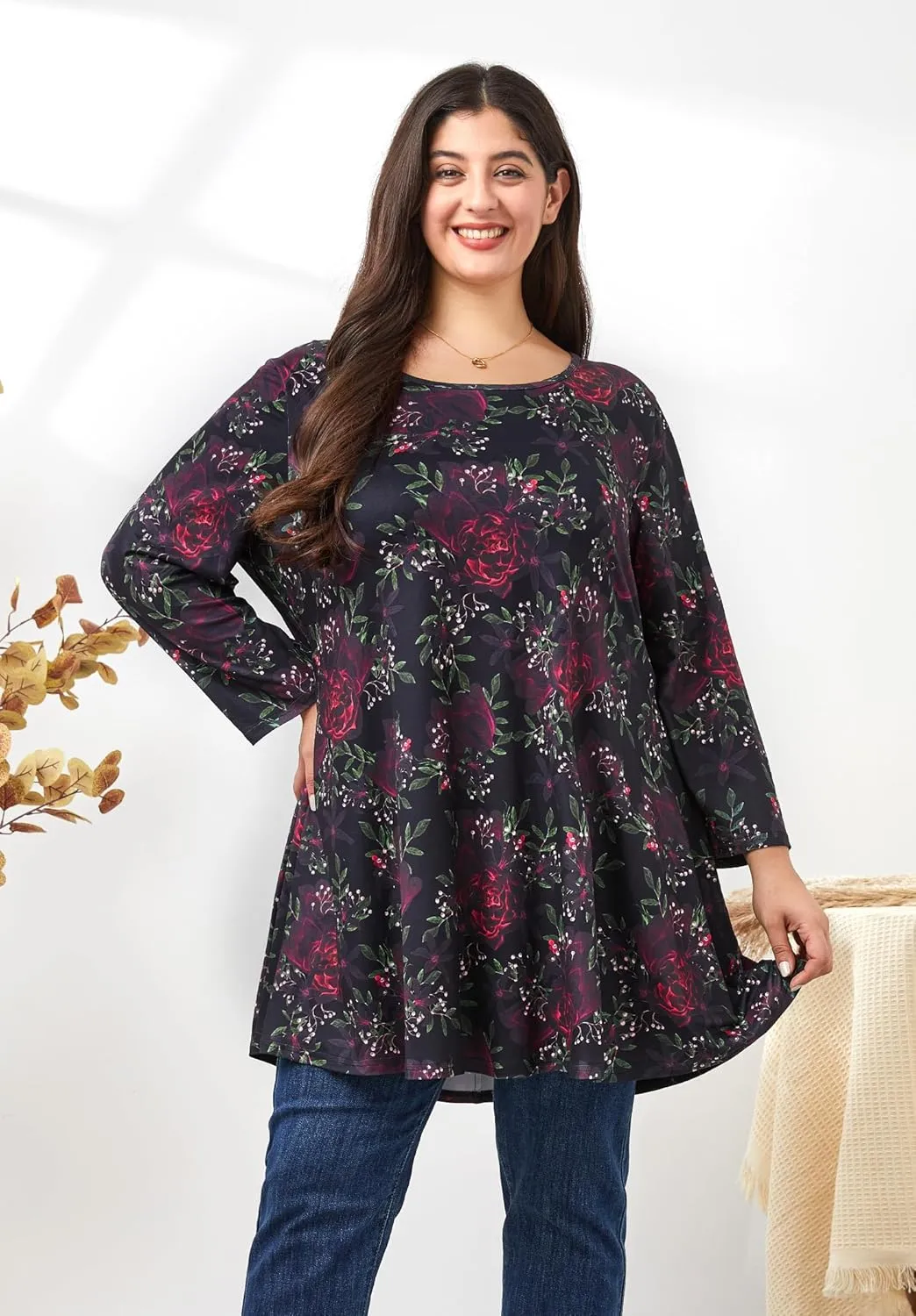 Womens Plus Size Tunic Tops 3/4 Sleeve Loose Fit Dressy Top Blouses Casual Floral Swing Fall Tunics for Leggings 1X-6X