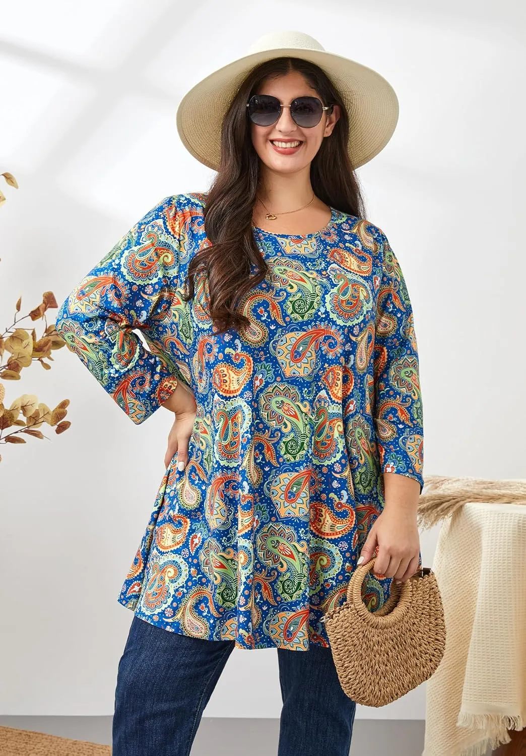Womens Plus Size Tunic Tops 3/4 Sleeve Loose Fit Dressy Top Blouses Casual Floral Swing Fall Tunics for Leggings 1X-6X