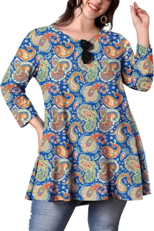 Womens Plus Size Tunic Tops 3/4 Sleeve Loose Fit Dressy Top Blouses Casual Floral Swing Fall Tunics for Leggings 1X-6X