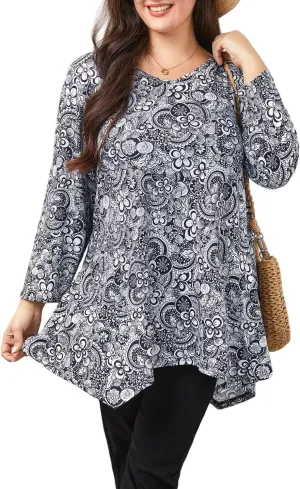 Womens Plus Size Tunic Tops 3/4 Sleeve Loose Fit Dressy Top Blouses Casual Floral Swing Fall Tunics for Leggings 1X-6X
