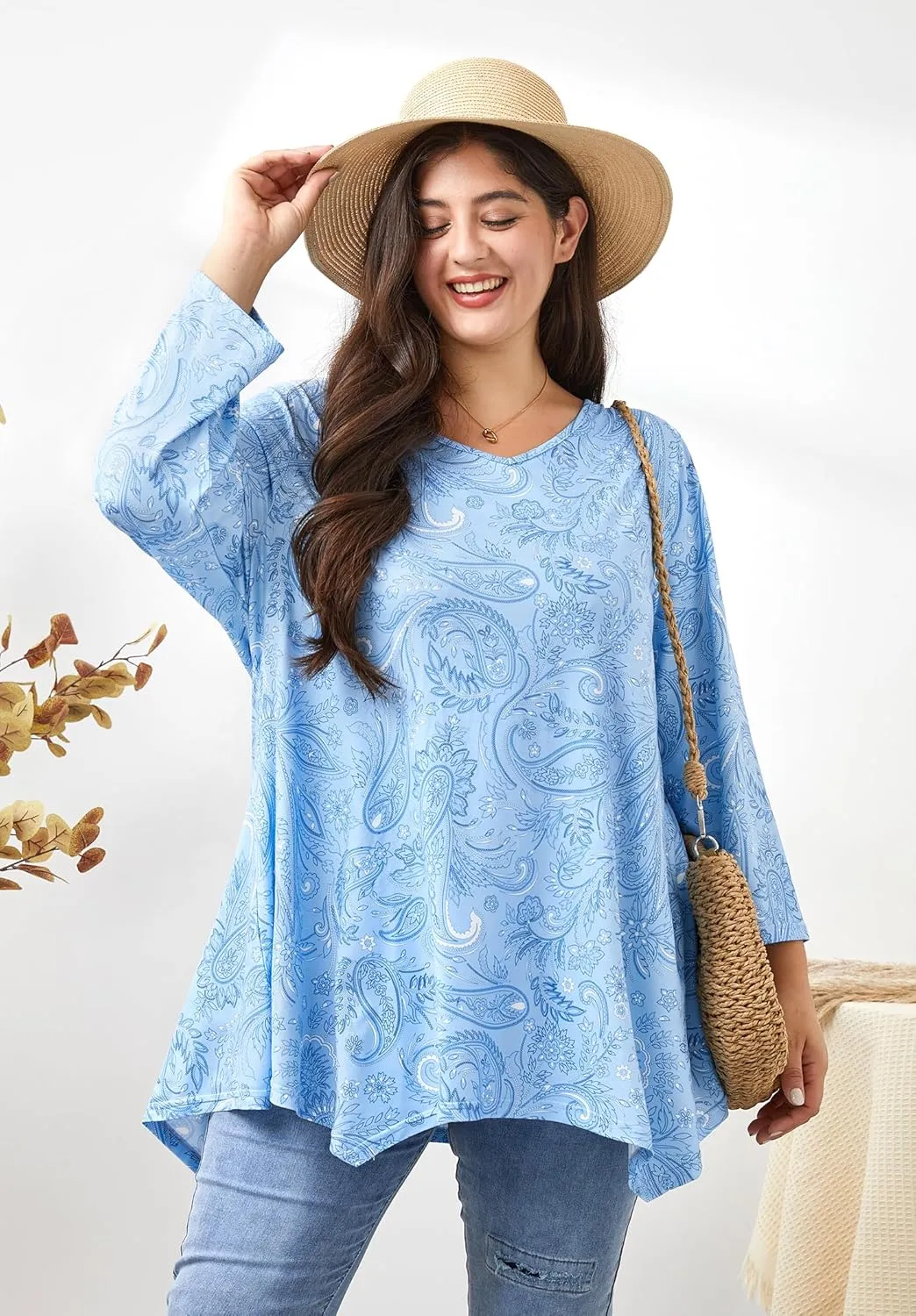 Womens Plus Size Tunic Tops 3/4 Sleeve Loose Fit Dressy Top Blouses Casual Floral Swing Fall Tunics for Leggings 1X-6X