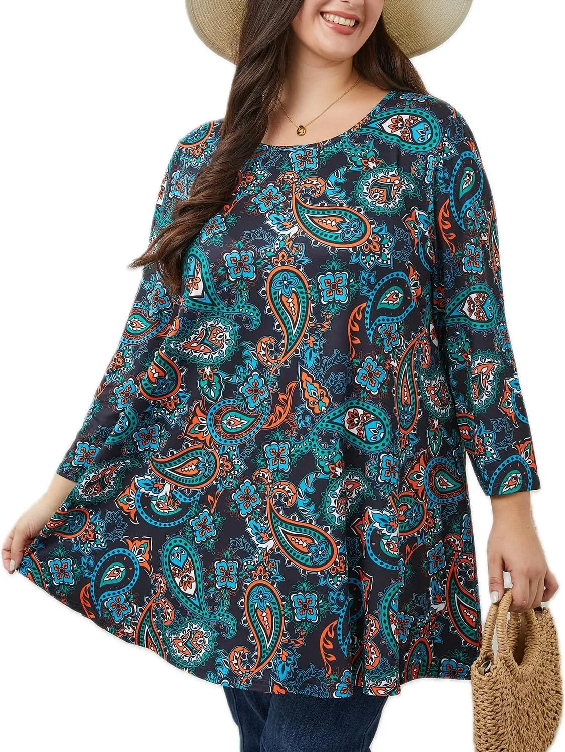 Womens Plus Size Tunic Tops 3/4 Sleeve Loose Fit Dressy Top Blouses Casual Floral Swing Fall Tunics for Leggings 1X-6X