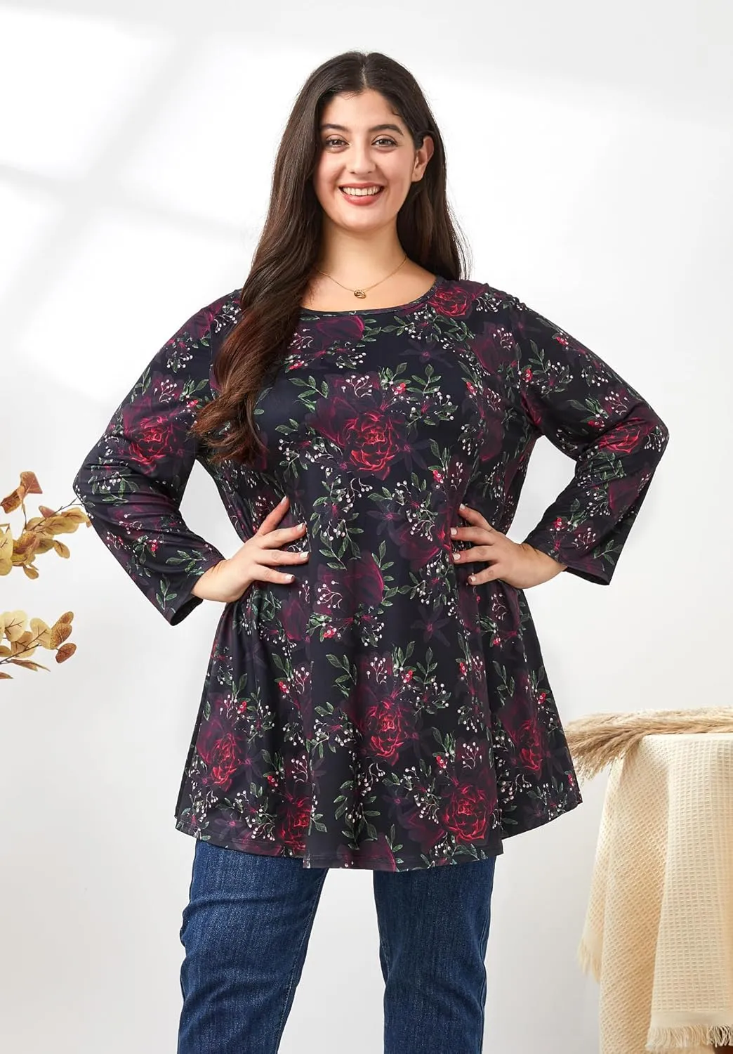 Womens Plus Size Tunic Tops 3/4 Sleeve Loose Fit Dressy Top Blouses Casual Floral Swing Fall Tunics for Leggings 1X-6X
