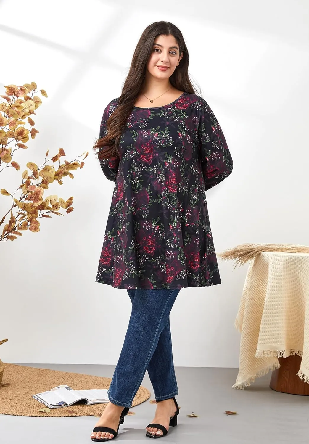 Womens Plus Size Tunic Tops 3/4 Sleeve Loose Fit Dressy Top Blouses Casual Floral Swing Fall Tunics for Leggings 1X-6X