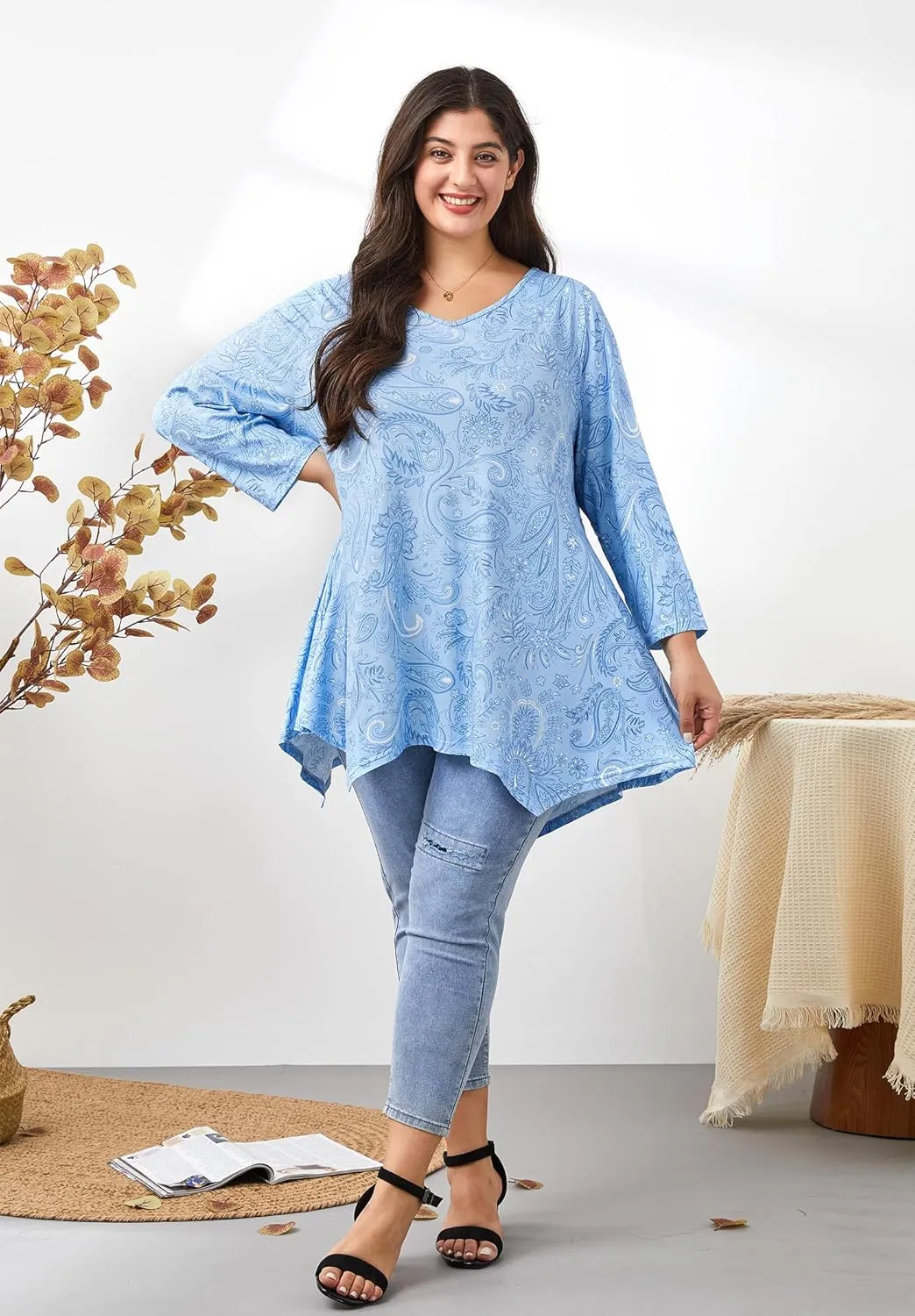 Womens Plus Size Tunic Tops 3/4 Sleeve Loose Fit Dressy Top Blouses Casual Floral Swing Fall Tunics for Leggings 1X-6X
