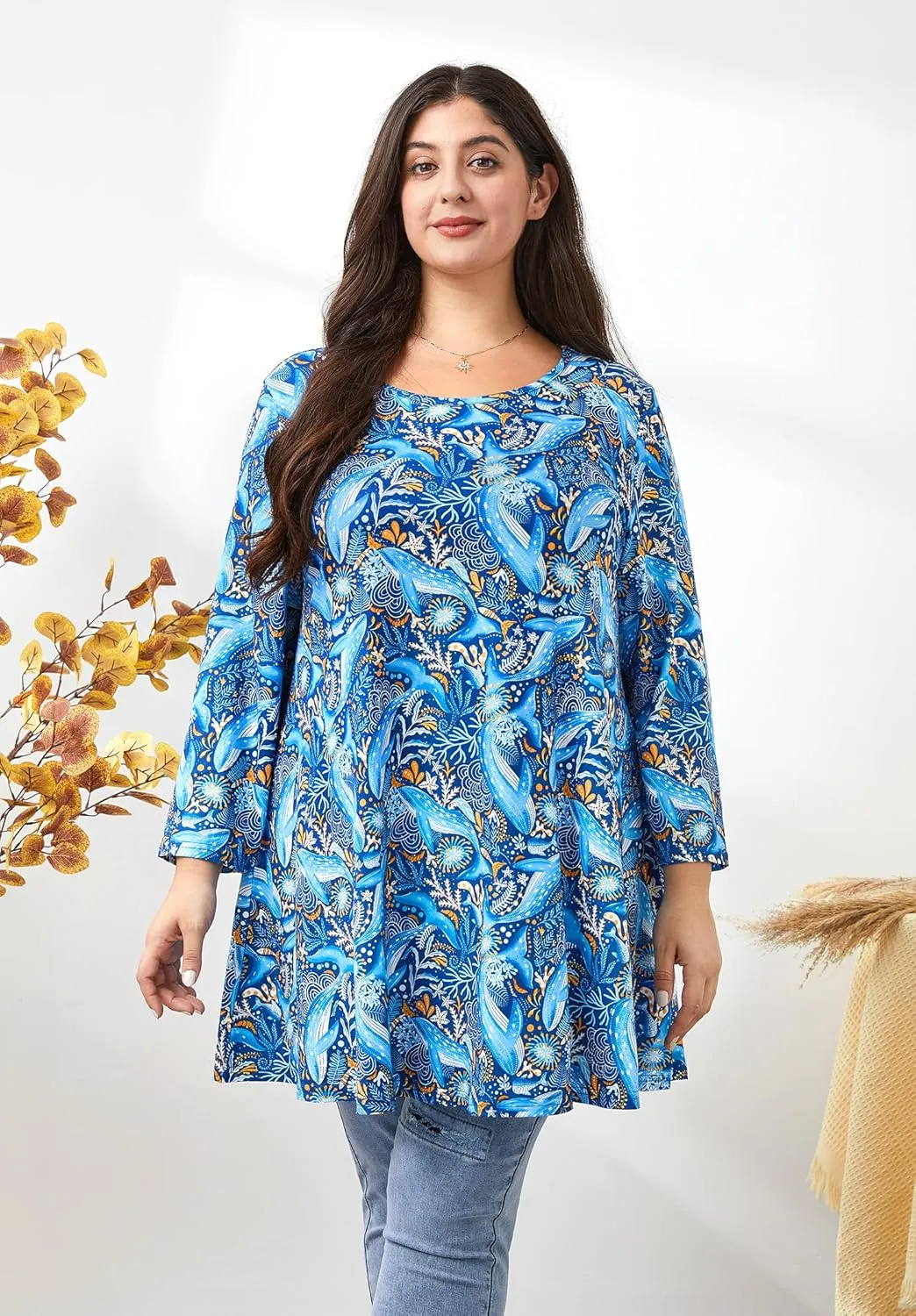Womens Plus Size Tunic Tops 3/4 Sleeve Loose Fit Dressy Top Blouses Casual Floral Swing Fall Tunics for Leggings 1X-6X