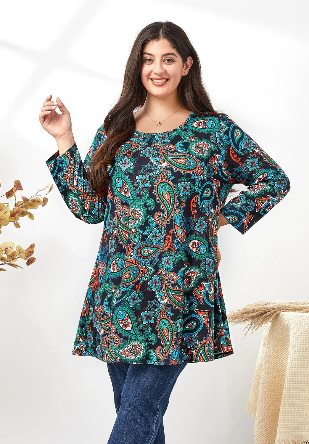 Womens Plus Size Tunic Tops 3/4 Sleeve Loose Fit Dressy Top Blouses Casual Floral Swing Fall Tunics for Leggings 1X-6X