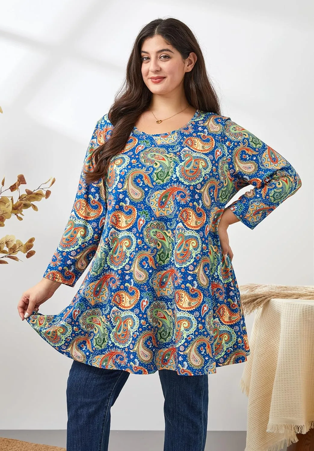 Womens Plus Size Tunic Tops 3/4 Sleeve Loose Fit Dressy Top Blouses Casual Floral Swing Fall Tunics for Leggings 1X-6X