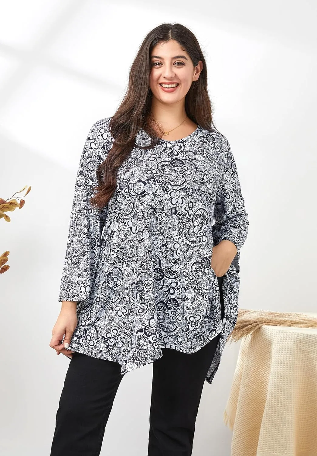 Womens Plus Size Tunic Tops 3/4 Sleeve Loose Fit Dressy Top Blouses Casual Floral Swing Fall Tunics for Leggings 1X-6X
