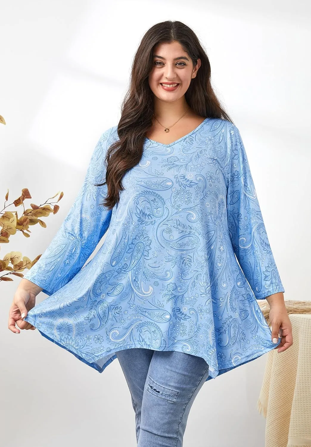 Womens Plus Size Tunic Tops 3/4 Sleeve Loose Fit Dressy Top Blouses Casual Floral Swing Fall Tunics for Leggings 1X-6X