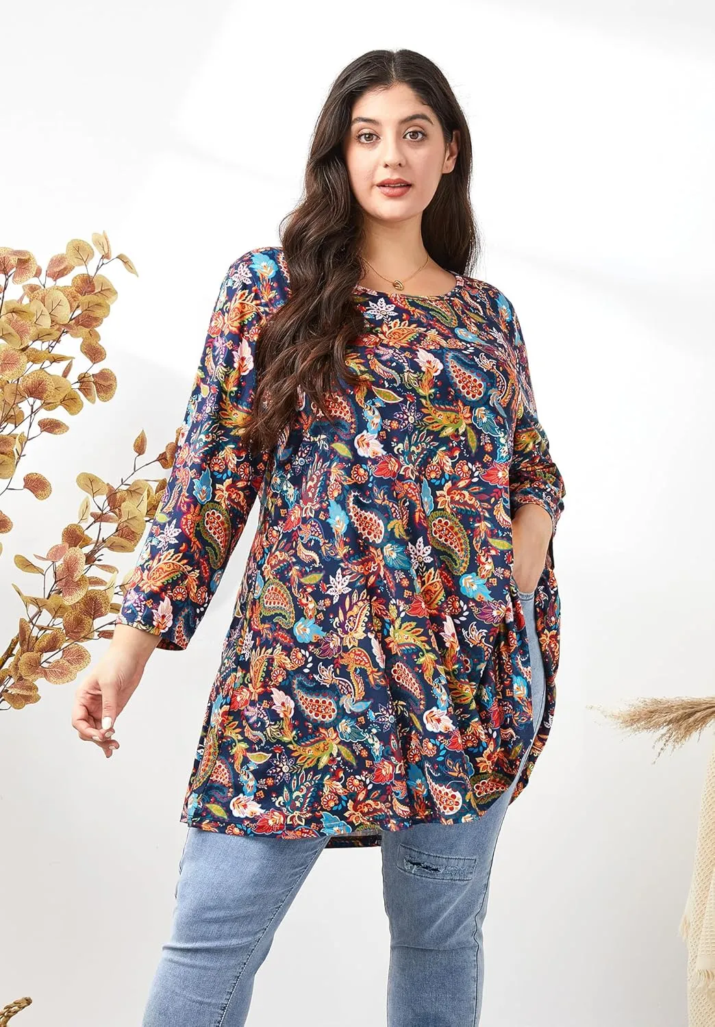 Womens Plus Size Tunic Tops 3/4 Sleeve Loose Fit Dressy Top Blouses Casual Floral Swing Fall Tunics for Leggings 1X-6X