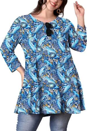 Womens Plus Size Tunic Tops 3/4 Sleeve Loose Fit Dressy Top Blouses Casual Floral Swing Fall Tunics for Leggings 1X-6X