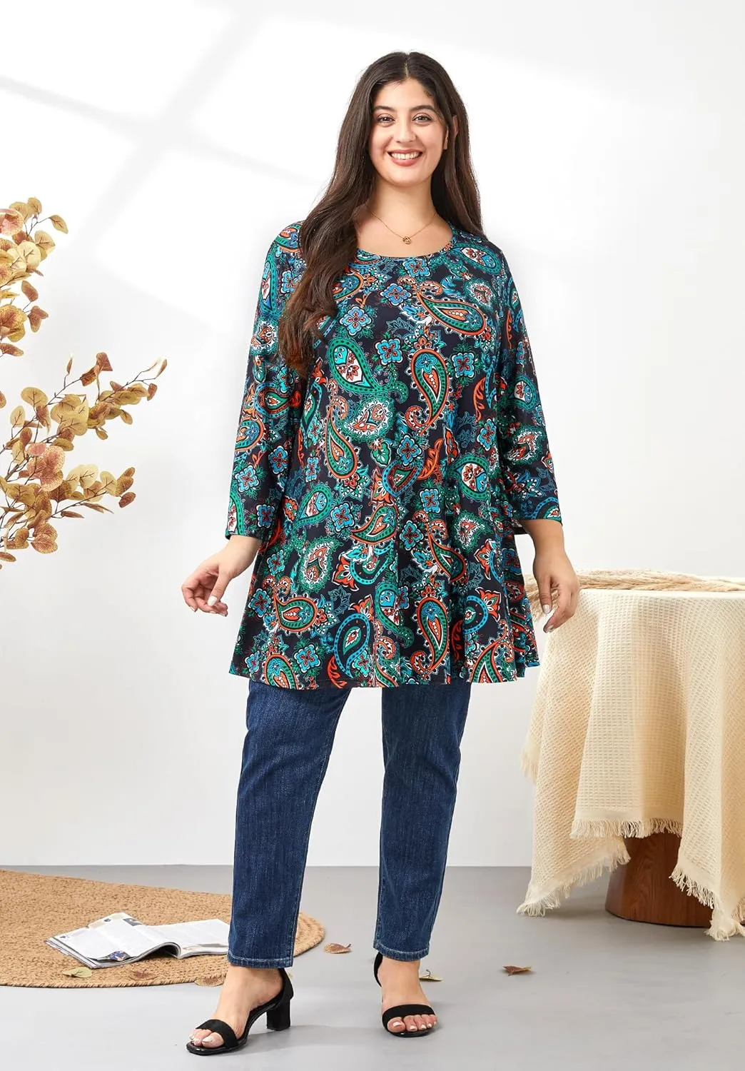 Womens Plus Size Tunic Tops 3/4 Sleeve Loose Fit Dressy Top Blouses Casual Floral Swing Fall Tunics for Leggings 1X-6X