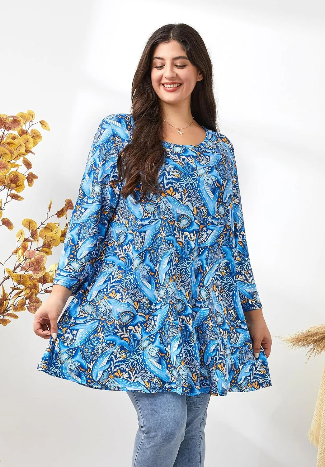 Womens Plus Size Tunic Tops 3/4 Sleeve Loose Fit Dressy Top Blouses Casual Floral Swing Fall Tunics for Leggings 1X-6X