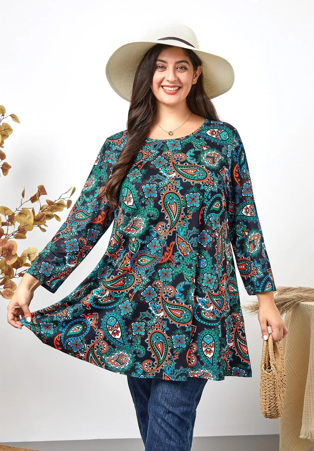 Womens Plus Size Tunic Tops 3/4 Sleeve Loose Fit Dressy Top Blouses Casual Floral Swing Fall Tunics for Leggings 1X-6X