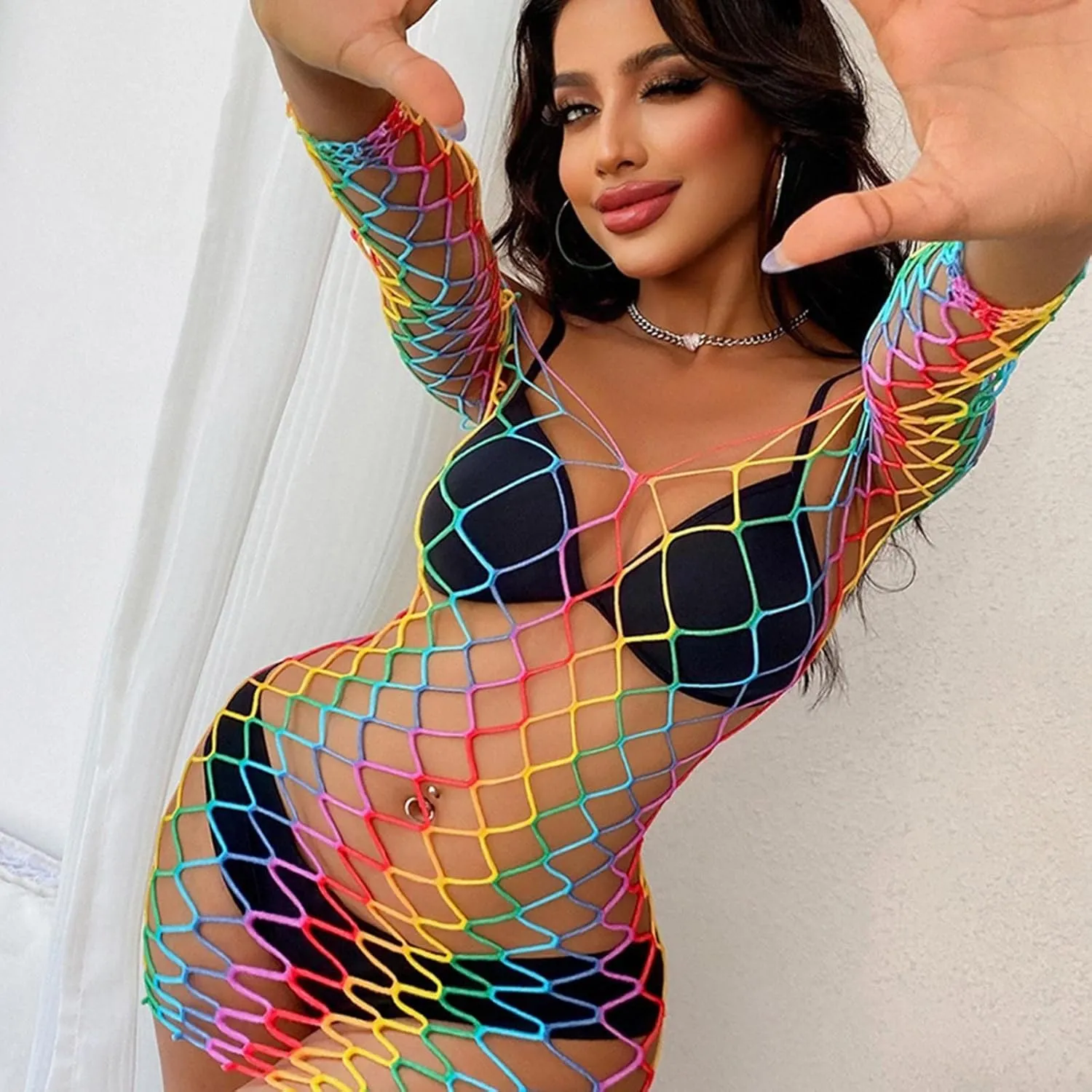 Womens Rainbow Fishnet Lingerie Sexy Mesh Chemise Cut Out High-Waist Babydoll Teddy Nightgown Dress Strapless Bodysuit