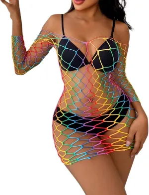 Womens Rainbow Fishnet Lingerie Sexy Mesh Chemise Cut Out High-Waist Babydoll Teddy Nightgown Dress Strapless Bodysuit