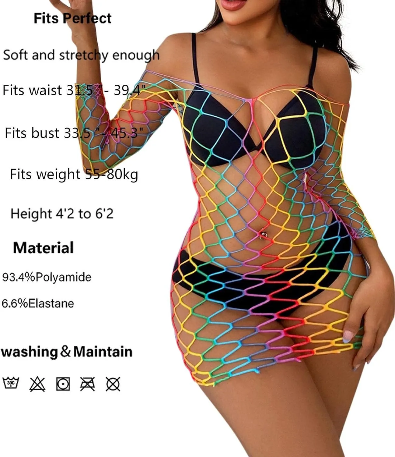 Womens Rainbow Fishnet Lingerie Sexy Mesh Chemise Cut Out High-Waist Babydoll Teddy Nightgown Dress Strapless Bodysuit