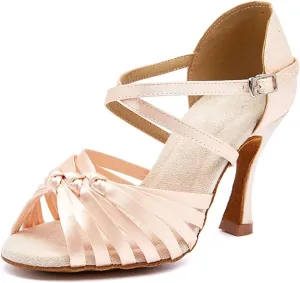 Women's Skin Colour Satin Latin Dance Shoes - Soft Sole Ballroom Party Sandals, 5CM/2Inch Heel Height