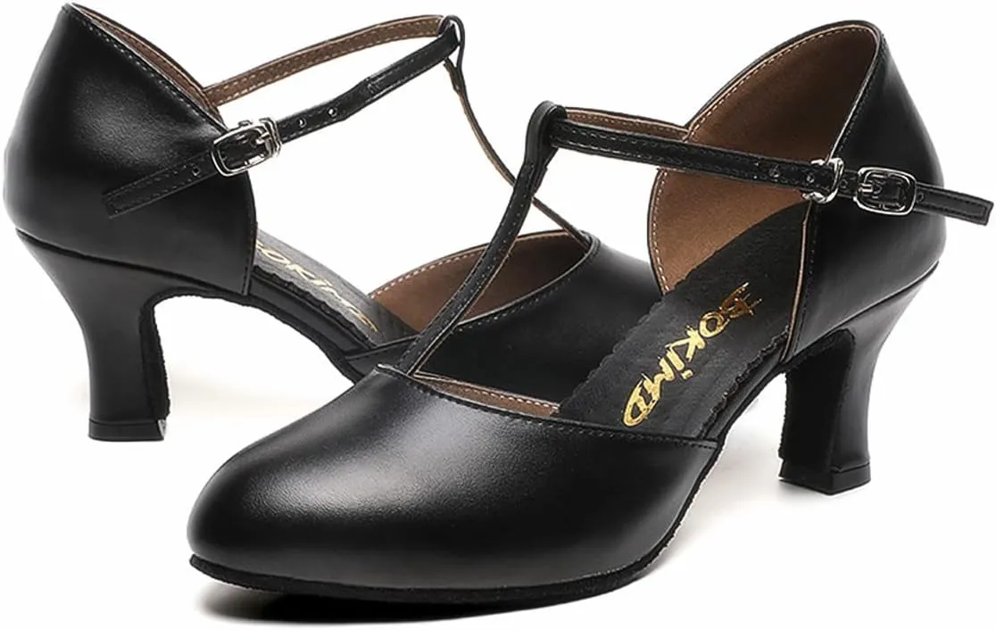 Womens T-Strap Latin Salsa Ballroom Dance Heels Black Character Shoes Prom Wedding Dress Pumps